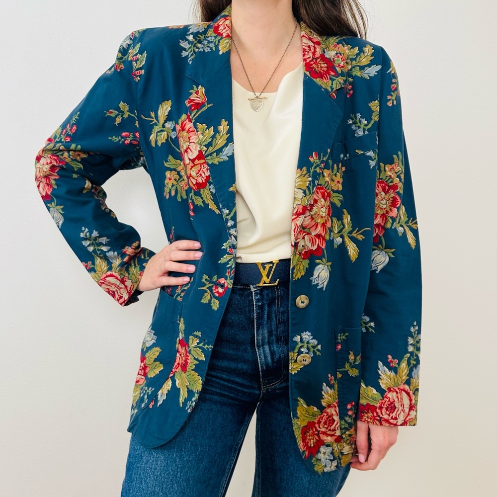 Vintage Liz Sport Floral Print Blazer Jacket, Oversized Long Fit Boho - Picture 1 of 10